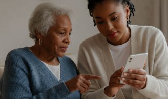 Femme senior accompagnée par sa petite-fille pour activer ou consulter sa carte Vitale numérique sur un téléphone portable 
