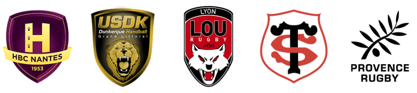 Logos clubs sportifs HBC à Nantes, USDK à Dunkerque, Lou Rugby à Lyon, Stade toulousain et Provence Rugby